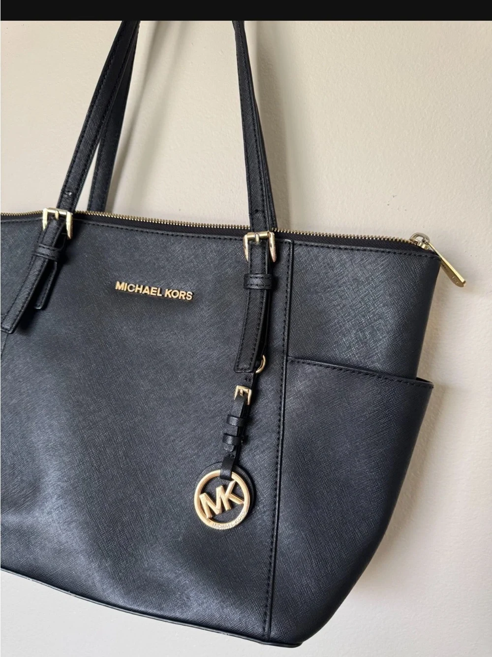 Michael Kors Black Saffiano Leather Tote with Gold Accents